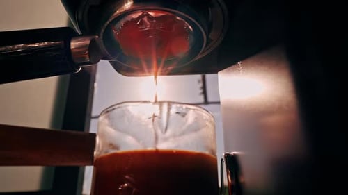 Close Up Low Angle View Espresso Extraction Flowing Into Glass Cup With Rich Crema In Slow Motion