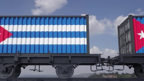 Train et conteneurs arborant le drapeau de Cuba Transport ferroviaire en boucle