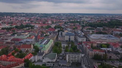 Aerial Views Capture the Lively City Center of Vilnius Lithuania Showcasing Gediminas Avenue with