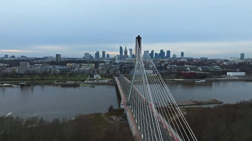 Aerial Panorama of Warsaw Poland with Swietokrzyski Bridge Over the Vistual River