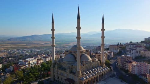 Drone aerial view of a large mosque in the city