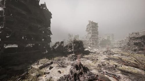 Destruction of a City After Military Conflict Leaves Ruins and Debris
