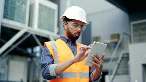 Professional engineer wearing safety helmet and vest standing at the factory and working