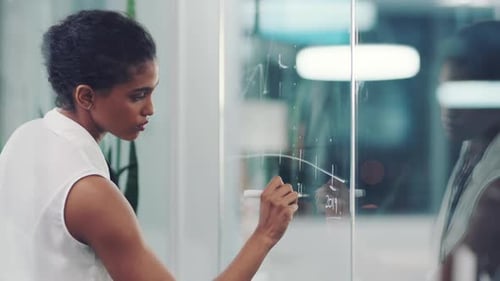 Office, strategy and business woman planning project while writing on glass whiteboard in office