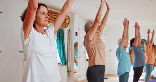 Senior woman, stretching and pilates with yoga class for zen, wellness or balance together