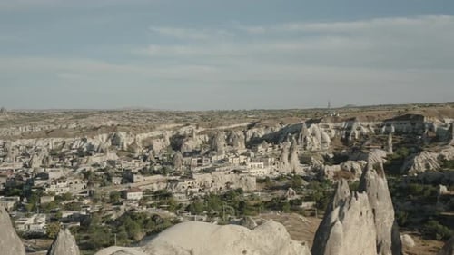 Goreme Panorama, a natural park in the ancient city of Cappadocia, Turkey, viewed from above.