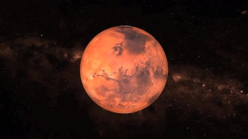 Animation of Mars planet seen from galaxy in space, Asteroids Cloud and cosmos, stars milky. 1200