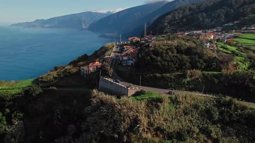 Drone View of a Village in the Hills on the Coast of Madeira