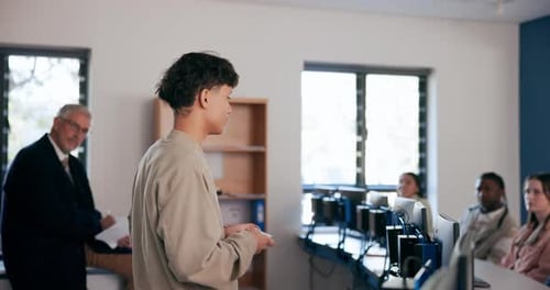 Cards, education and speech with student in classroom of university for oral presentation