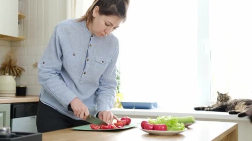Close Up of a Woman Chopping Vegetables in a Kitchen Female Hands Cutting Tomato Carrot on the Board