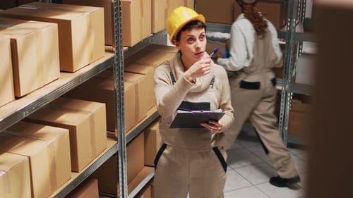Storehouse Employee Analyzing Cargo Packages in Depot