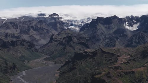 Aerial View of Icelandic Valley with Glaciers and Volcanic Mountains