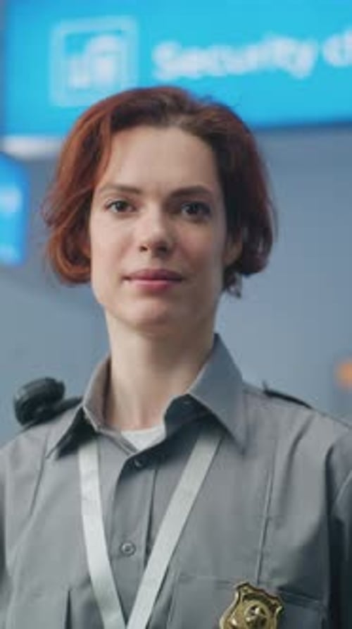 Airport Security Checkpoint Portrait of Female Security Officer Smiling Looking at Camera
