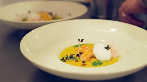 Chef Prepares Shrimp Dish in Restaurant Kitchen