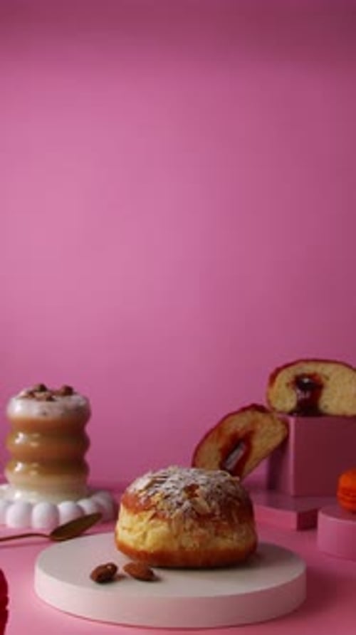 A feminine hand reaches toward an almond-covered Berliner donut resting on a round display base.
