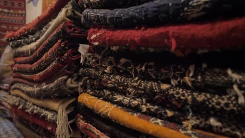 close up shot of pile handmade fabric with a typical Moroccan motif. up to down moving shoot