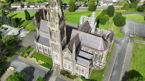 St. Cathedral, County Monaghan, Ireland, September 2022. Drone pulls backward showcasing the Roman C