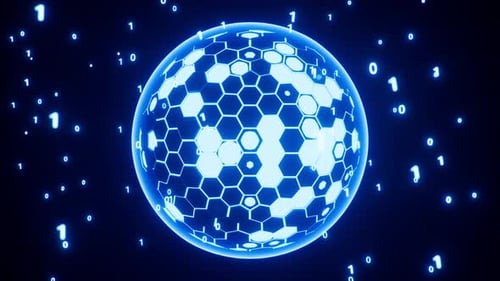 Glowing Hexagonal Sphere with Binary Code for Technology Background
