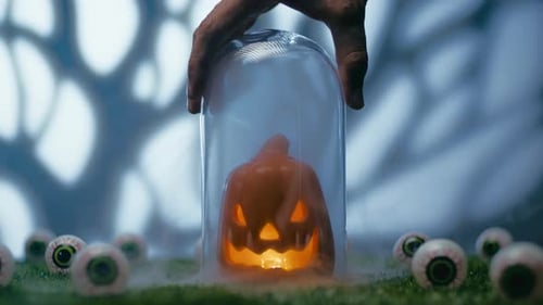 Halloween Pumpkin with Smoke and Horror Eyes on Green Lawn