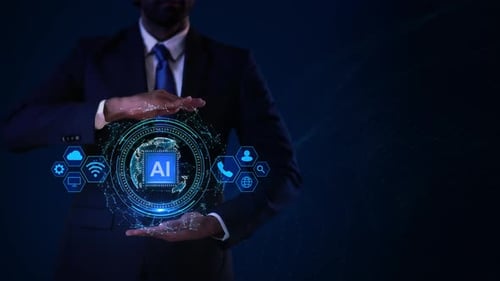 Animated AI Processor Hologram with Business Technology Network