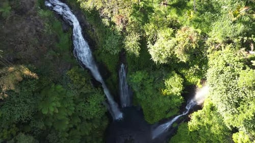 Drone shot of Fiji Waterfall (known as Triple Waterfall), Bali, Indonesia