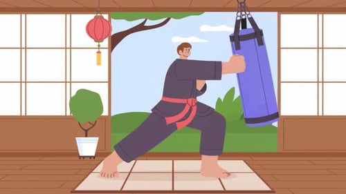 Karate-Kämpfertraining und Kampfsporttraining mit Boxsack