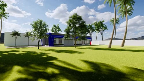 Amplia vista del paisaje verde del moderno edificio de Oficinas Comerciales - Render 3D con variante azul y roja