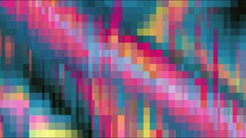 Bunte Pixelmosaikfliesen, die sich über einen abstrakten Neonhintergrund bewegen, nahtlose Schleife, handgezeichnet, digital