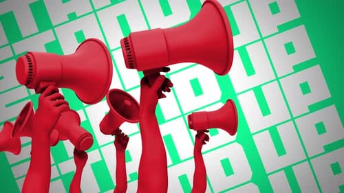 Animated Hands Holding Red Megaphones Protest Background