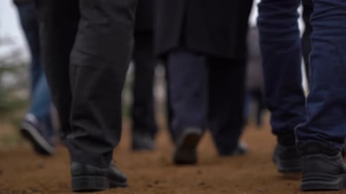 Walking person's foot. People's legs and feet walk.