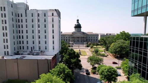aerial push into columbia sc state capital, columbia south carolina, sc state capital,