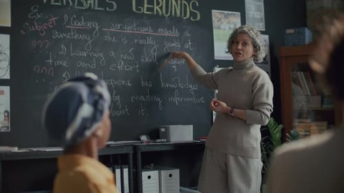 Female Teacher Explaining English Grammar Lesson to Students in Language School