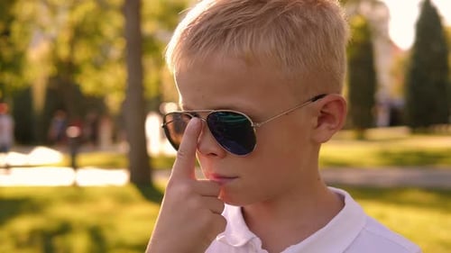 Gros plan d'un petit garçon en lunettes de soleil dans un parc sur fond d'herbe