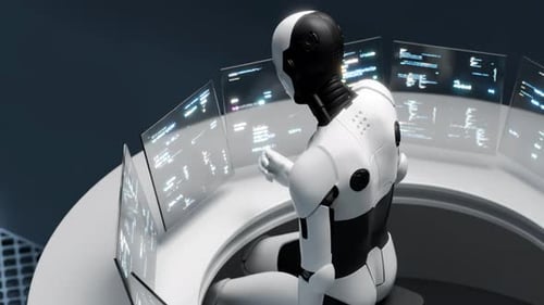Futuristic Robot Interacting with Digital Code on Transparent Screens