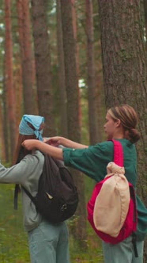 Two Women Enjoying a Peaceful Hike Through Forest Sharing Friendship and Laughter