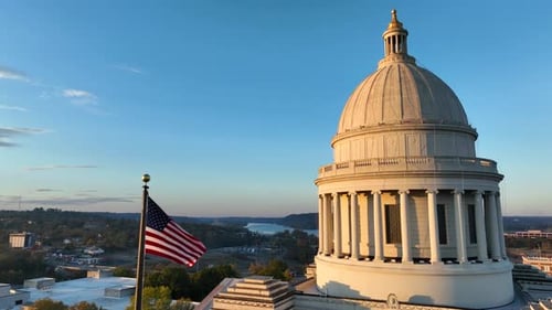 Aerial View of Government Building with American Flag