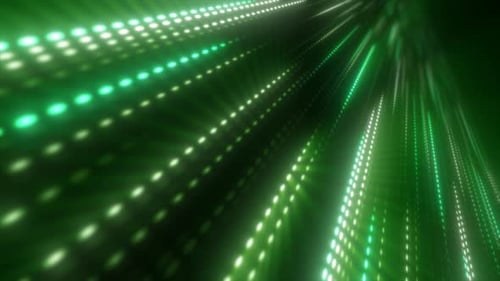 Abstraktes hellgrünes Hintergrundmuster aus fliegenden Punktkreisen und leuchtenden futuristischen Digitalbildern