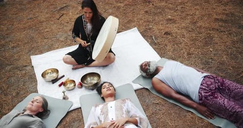 People, instrument or meditation in spiritual, healing or tibetan bowls as mindful holistic therapy