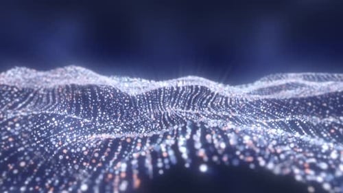 Gleichmäßig rosa und lila leuchtende Partikel in einer digitalen Gitterformation über einem weichen, tiefen Hintergrund