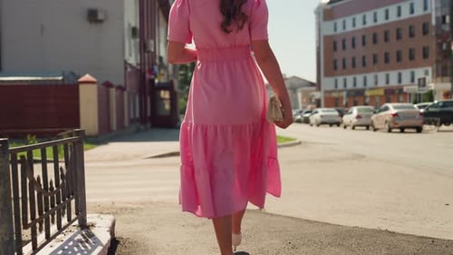 Fashionable Woman Outdoors Smiling Caucasian Lady in City Wearing Flowy Dress Elegant Woman with