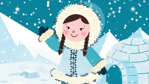 Cute Eskimo Girl in Snowy Arctic Winter Landscape - Igloo - Cartoon Animations