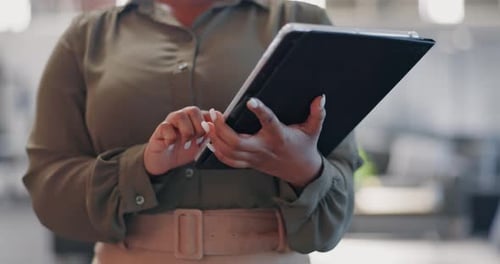 Business woman, hands and working on tablet in office, analytics app and iot