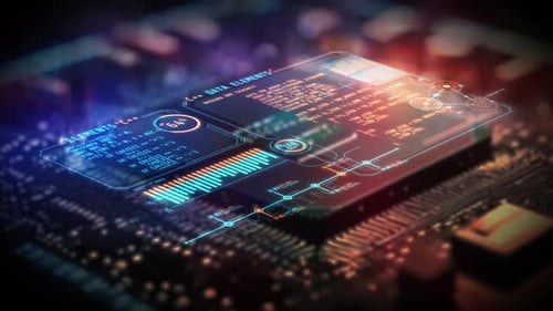 Processador com inteligência artificial e closeup de infográficos animados