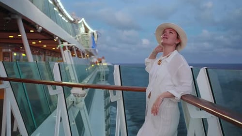 Woman Posing on Cruise Ship at Sunrise