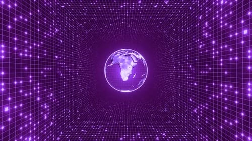 Futuristic Digital Earth Globe Spinning in Grid Tunnel