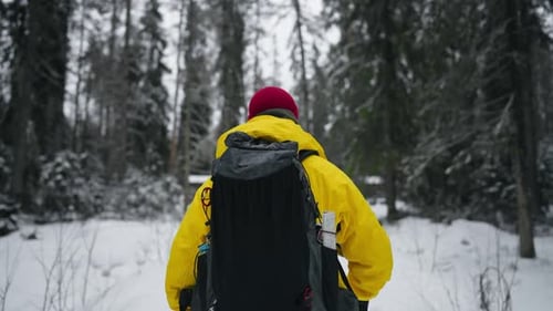 Happy Male Tourist with Backpack Strolling in Winter Forest Turning to Camera Active Pastime and