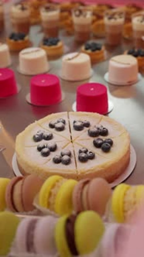 Assorted Desserts: Cakes, Macarons, and Puddings in Display
