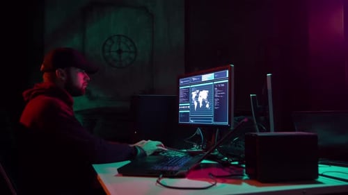 Man Coding on Laptop in Dark, Futuristic Room