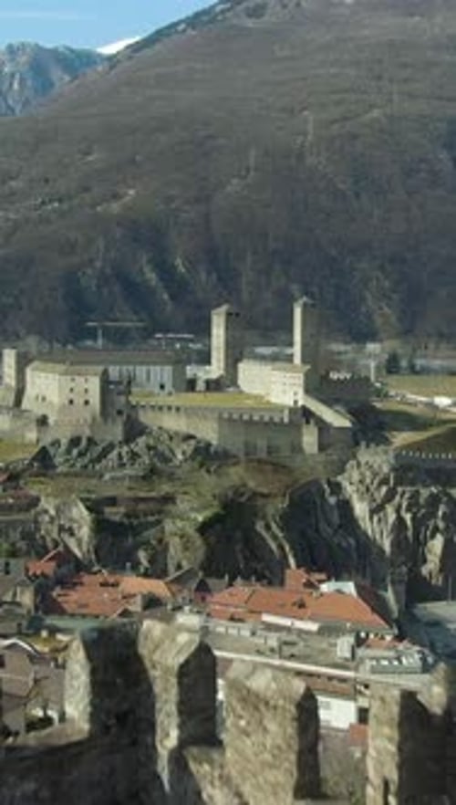 Castelgrande Castle Bellinzona City Ticino Switzerland Aerial View Vertical Video
