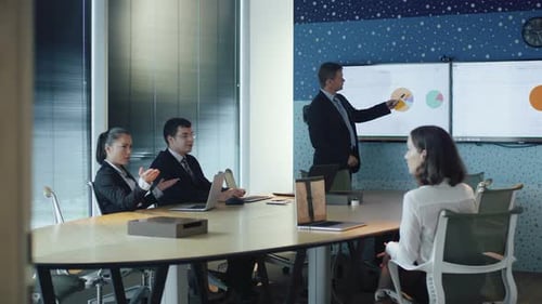 Man Gives Presentation to Applauding Colleagues in Boardroom